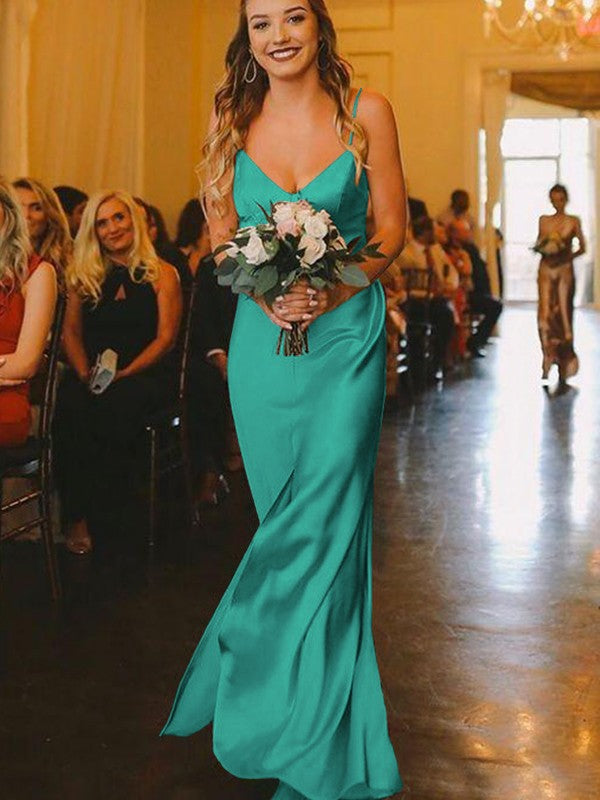 Sheath/Column Silk?like?Satin Ruched V-neck Sleeveless Floor-Length Bridesmaid Dresses