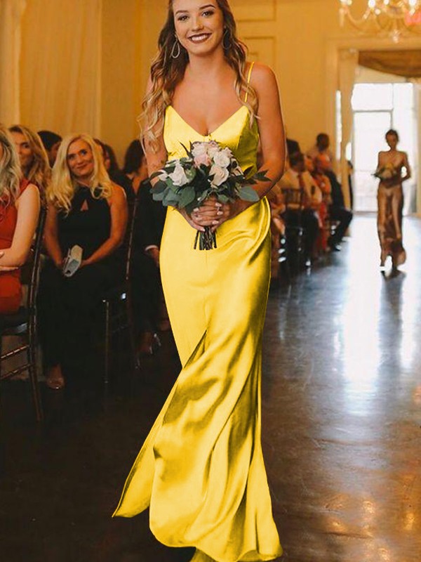 Sheath/Column Silk?like?Satin Ruched V-neck Sleeveless Floor-Length Bridesmaid Dresses