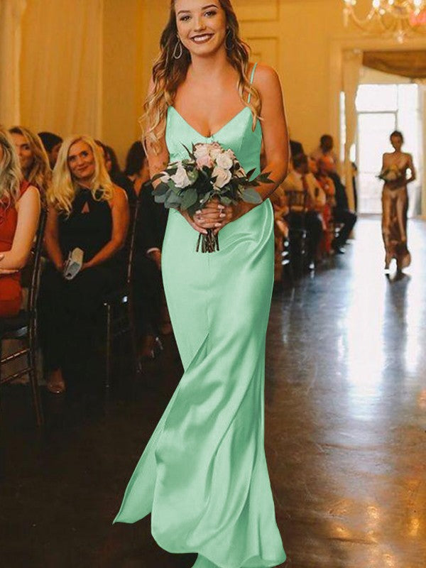 Sheath/Column Silk?like?Satin Ruched V-neck Sleeveless Floor-Length Bridesmaid Dresses