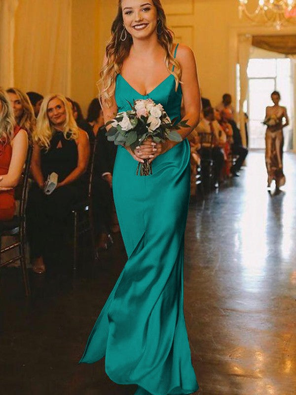 Sheath/Column Silk?like?Satin Ruched V-neck Sleeveless Floor-Length Bridesmaid Dresses