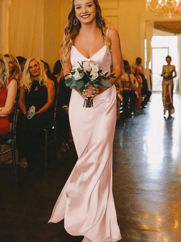 Sheath/Column Silk?like?Satin Ruched V-neck Sleeveless Floor-Length Bridesmaid Dresses
