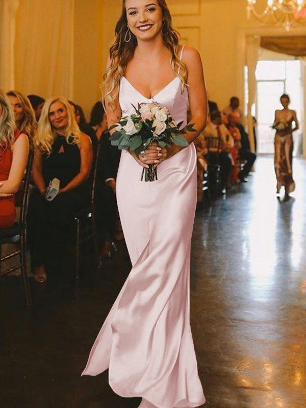 Sheath/Column Silk?like?Satin Ruched V-neck Sleeveless Floor-Length Bridesmaid Dresses