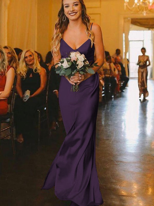 Sheath/Column Silk?like?Satin Ruched V-neck Sleeveless Floor-Length Bridesmaid Dresses