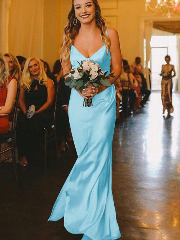 Sheath/Column Silk?like?Satin Ruched V-neck Sleeveless Floor-Length Bridesmaid Dresses