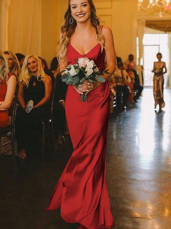 Sheath/Column Silk?like?Satin Ruched V-neck Sleeveless Floor-Length Bridesmaid Dresses