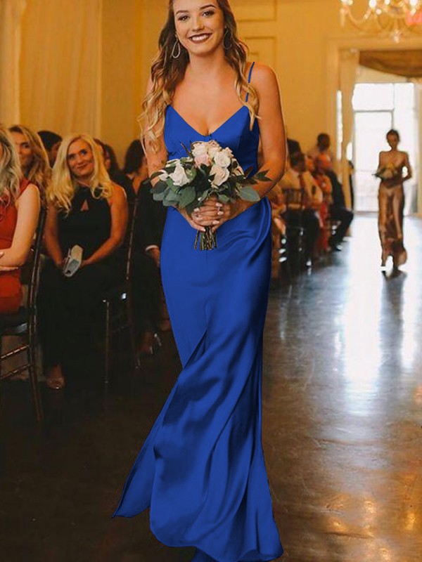 Sheath/Column Silk?like?Satin Ruched V-neck Sleeveless Floor-Length Bridesmaid Dresses