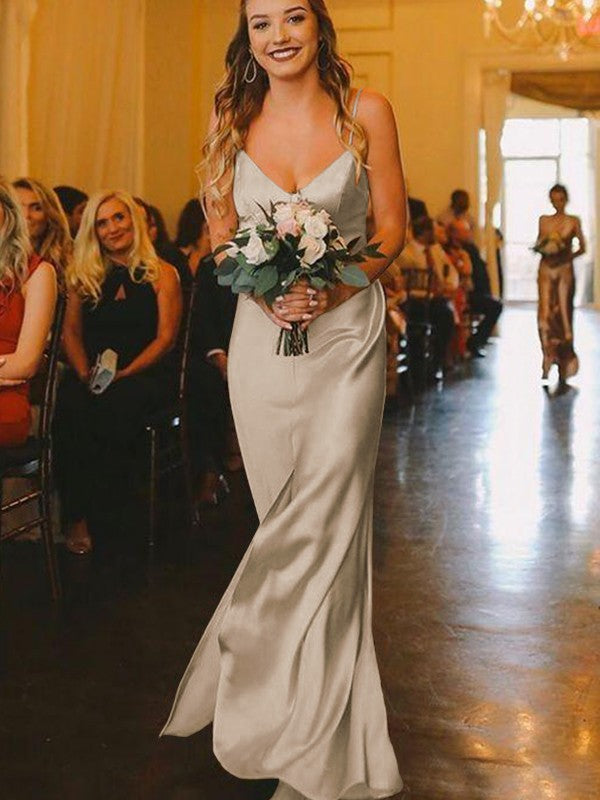 Sheath/Column Silk?like?Satin Ruched V-neck Sleeveless Floor-Length Bridesmaid Dresses