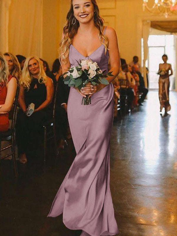 Sheath/Column Silk?like?Satin Ruched V-neck Sleeveless Floor-Length Bridesmaid Dresses
