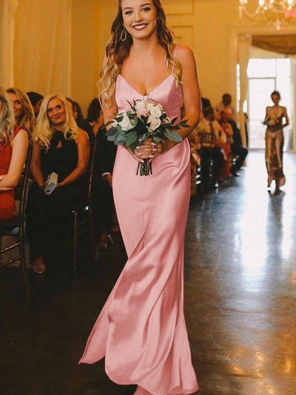Sheath/Column Silk?like?Satin Ruched V-neck Sleeveless Floor-Length Bridesmaid Dresses