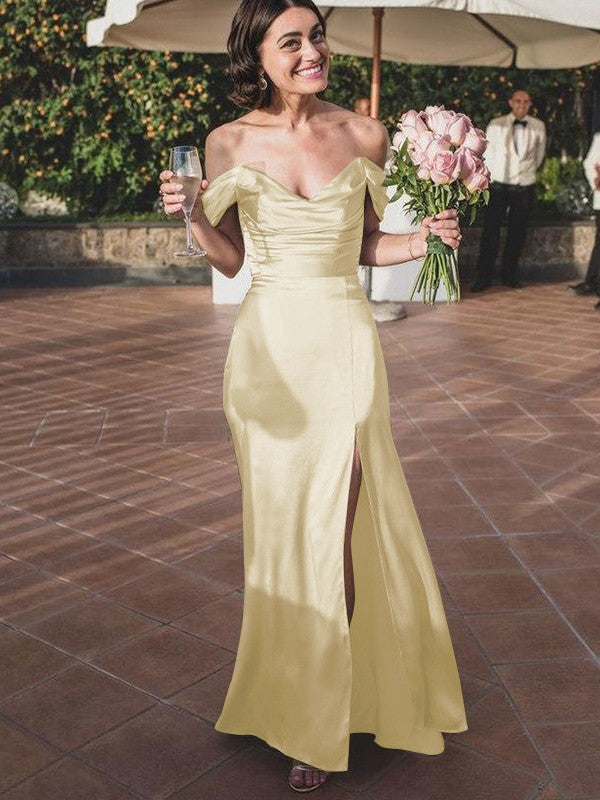 Sheath/Column Silk like Satin Ruched Off-the-Shoulder Sleeveless Floor-Length Bridesmaid Dresses