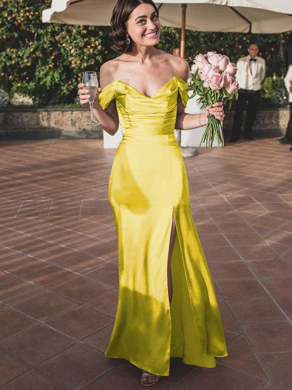 Sheath/Column Silk like Satin Ruched Off-the-Shoulder Sleeveless Floor-Length Bridesmaid Dresses