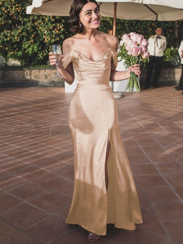 Sheath/Column Silk like Satin Ruched Off-the-Shoulder Sleeveless Floor-Length Bridesmaid Dresses