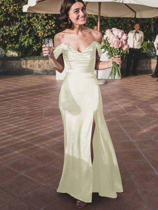 Sheath/Column Silk like Satin Ruched Off-the-Shoulder Sleeveless Floor-Length Bridesmaid Dresses