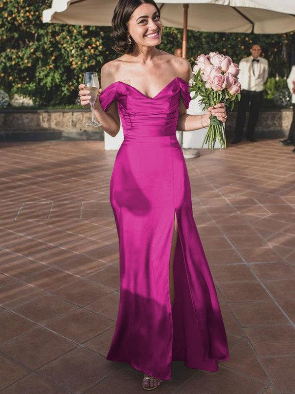 Sheath/Column Silk like Satin Ruched Off-the-Shoulder Sleeveless Floor-Length Bridesmaid Dresses