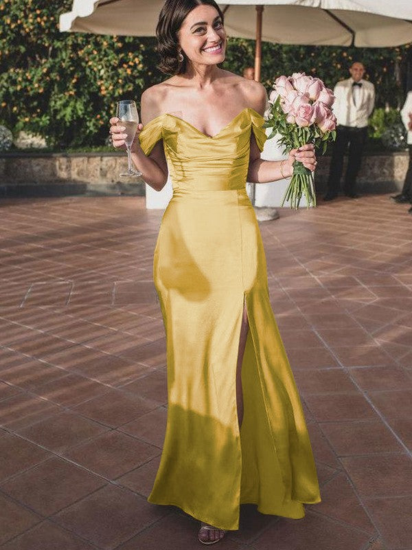 Sheath/Column Silk like Satin Ruched Off-the-Shoulder Sleeveless Floor-Length Bridesmaid Dresses