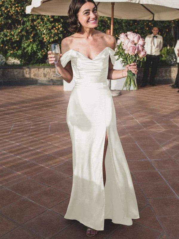 Sheath/Column Silk like Satin Ruched Off-the-Shoulder Sleeveless Floor-Length Bridesmaid Dresses