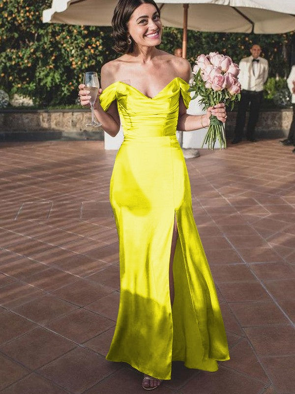 Sheath/Column Silk like Satin Ruched Off-the-Shoulder Sleeveless Floor-Length Bridesmaid Dresses