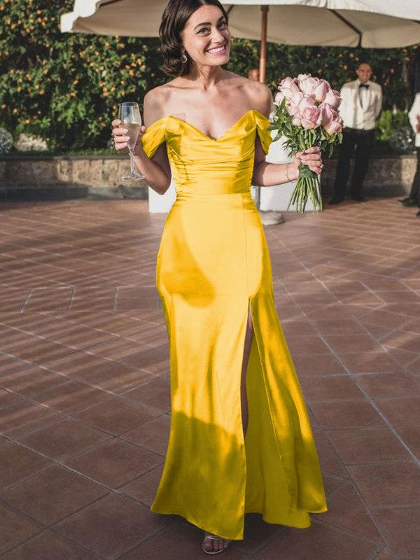 Sheath/Column Silk like Satin Ruched Off-the-Shoulder Sleeveless Floor-Length Bridesmaid Dresses