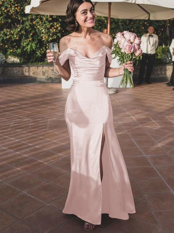 Sheath/Column Silk like Satin Ruched Off-the-Shoulder Sleeveless Floor-Length Bridesmaid Dresses