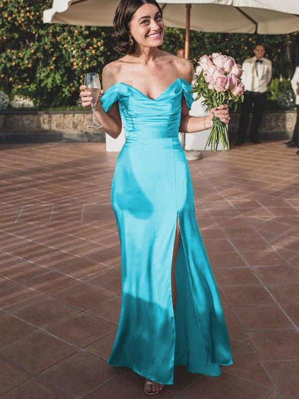 Sheath/Column Silk like Satin Ruched Off-the-Shoulder Sleeveless Floor-Length Bridesmaid Dresses