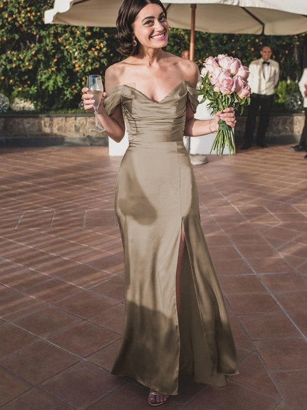 Sheath/Column Silk like Satin Ruched Off-the-Shoulder Sleeveless Floor-Length Bridesmaid Dresses