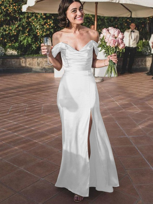 Sheath/Column Silk like Satin Ruched Off-the-Shoulder Sleeveless Floor-Length Bridesmaid Dresses