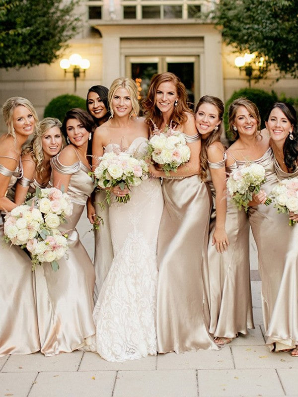 Sheath/Column Silk like Satin Ruched Spaghetti Straps Sleeveless Floor-Length Bridesmaid Dresses
