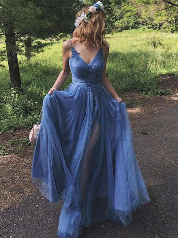 A-Line/Princess Tulle Applique V-neck Sleeveless Sweep/Brush Train Prom Dress
