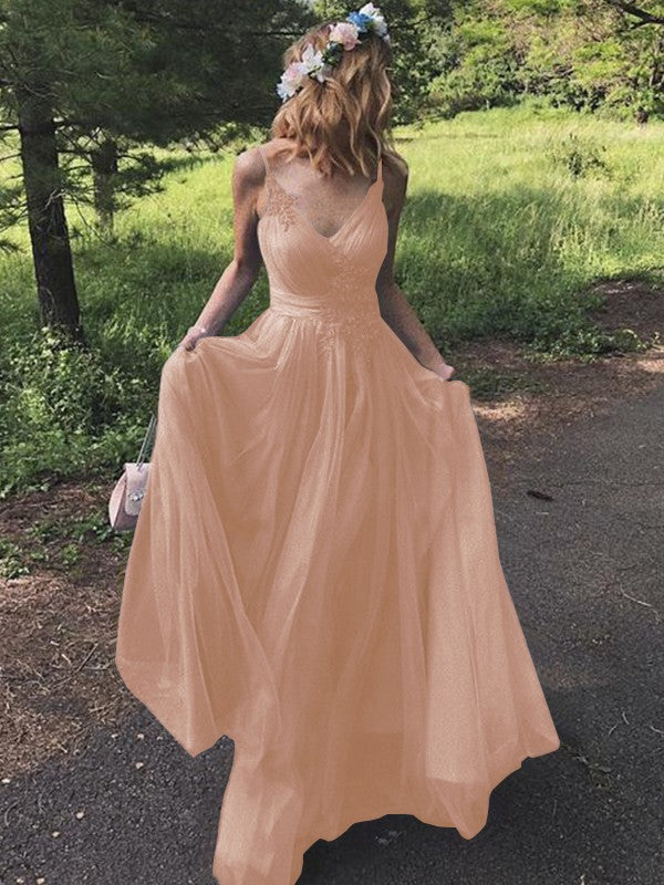 A-Line/Princess Tulle Applique V-neck Sleeveless Sweep/Brush Train Prom Dress