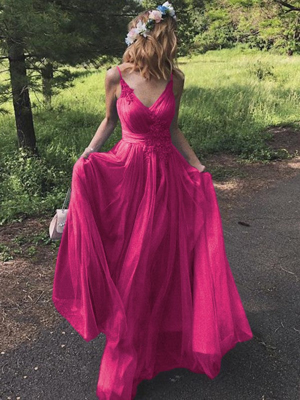 A-Line/Princess Tulle Applique V-neck Sleeveless Sweep/Brush Train Prom Dress