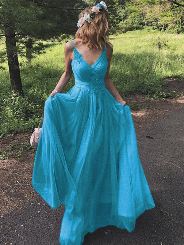 A-Line/Princess Tulle Applique V-neck Sleeveless Sweep/Brush Train Prom Dress
