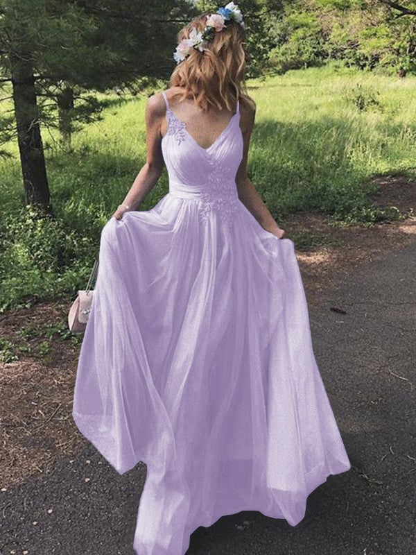 A-Line/Princess Tulle Applique V-neck Sleeveless Sweep/Brush Train Prom Dress