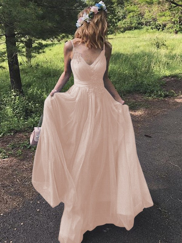 A-Line/Princess Tulle Applique V-neck Sleeveless Sweep/Brush Train Prom Dress