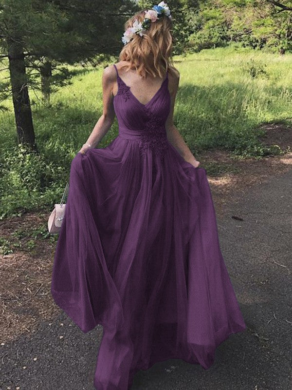 A-Line/Princess Tulle Applique V-neck Sleeveless Sweep/Brush Train Prom Dress
