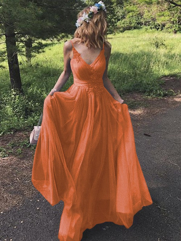 A-Line/Princess Tulle Applique V-neck Sleeveless Sweep/Brush Train Prom Dress
