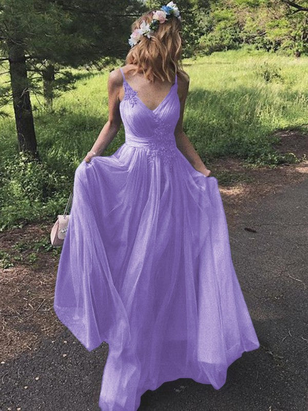 A-Line/Princess Tulle Applique V-neck Sleeveless Sweep/Brush Train Prom Dress