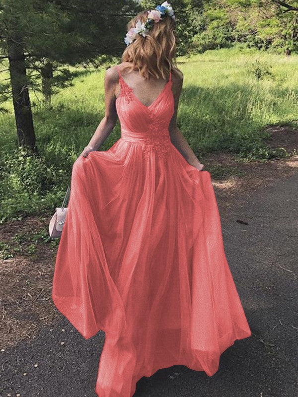 A-Line/Princess Tulle Applique V-neck Sleeveless Sweep/Brush Train Prom Dress