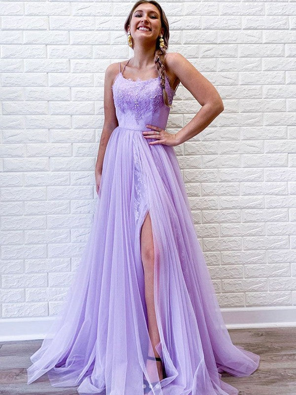 A-Line/Princess Tulle Lace Spaghetti Straps Sleeveless Sweep/Brush Train Prom Dress