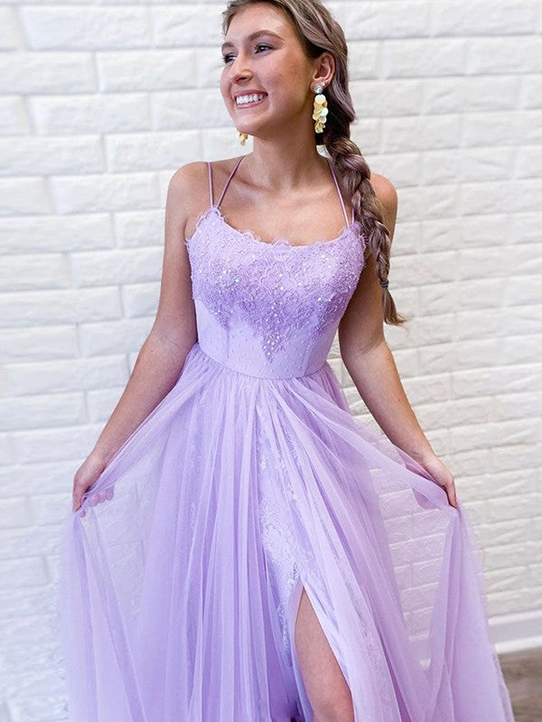 A-Line/Princess Tulle Lace Spaghetti Straps Sleeveless Sweep/Brush Train Prom Dress