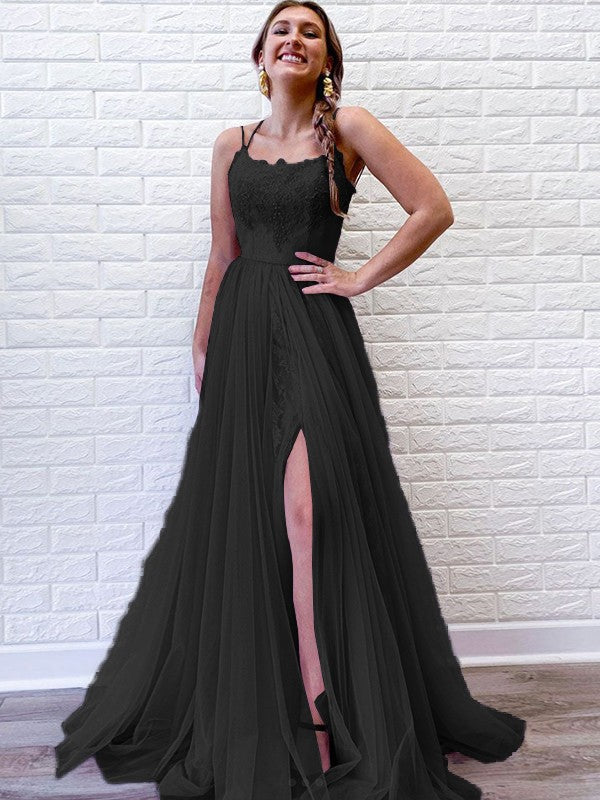 A-Line/Princess Tulle Lace Spaghetti Straps Sleeveless Sweep/Brush Train Prom Dress