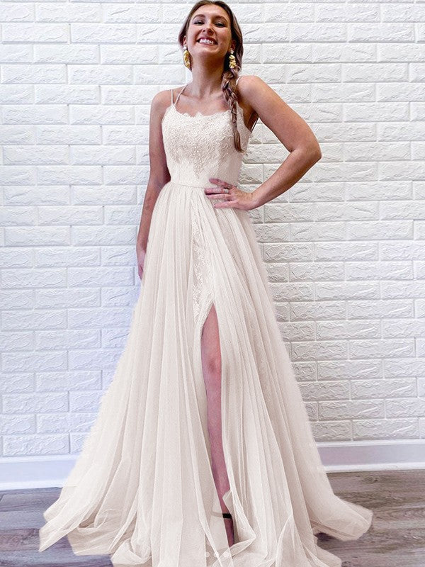 A-Line/Princess Tulle Lace Spaghetti Straps Sleeveless Sweep/Brush Train Prom Dress