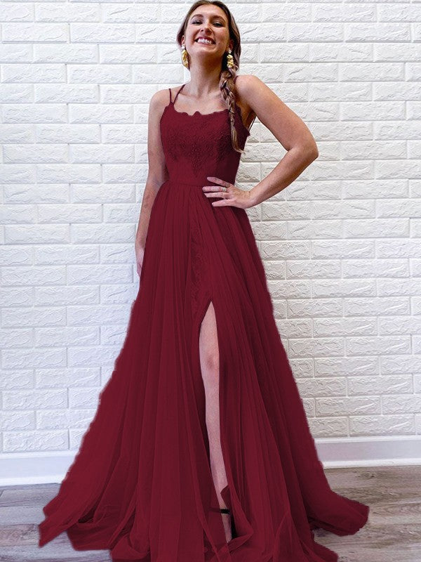 A-Line/Princess Tulle Lace Spaghetti Straps Sleeveless Sweep/Brush Train Prom Dress