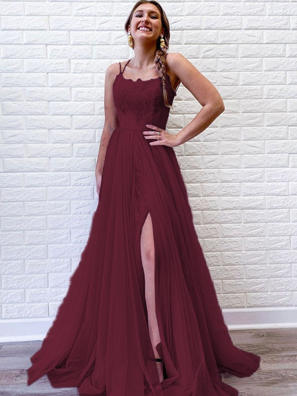 A-Line/Princess Tulle Lace Spaghetti Straps Sleeveless Sweep/Brush Train Prom Dress