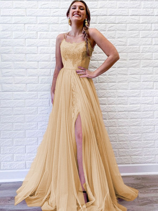 A-Line/Princess Tulle Lace Spaghetti Straps Sleeveless Sweep/Brush Train Prom Dress