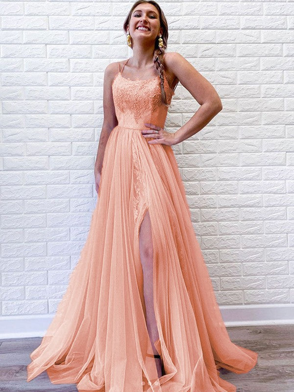 A-Line/Princess Tulle Lace Spaghetti Straps Sleeveless Sweep/Brush Train Prom Dress