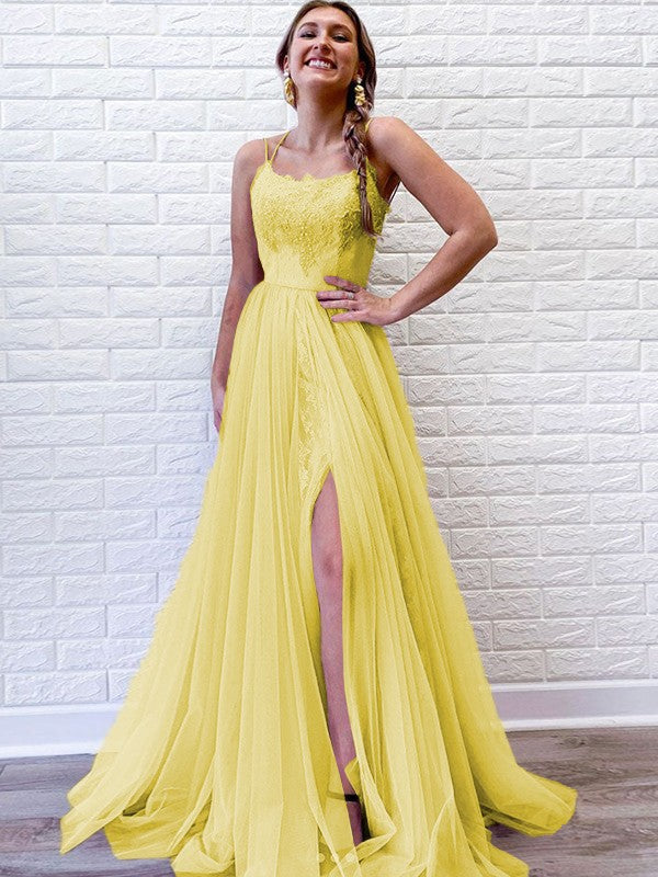 A-Line/Princess Tulle Lace Spaghetti Straps Sleeveless Sweep/Brush Train Prom Dress