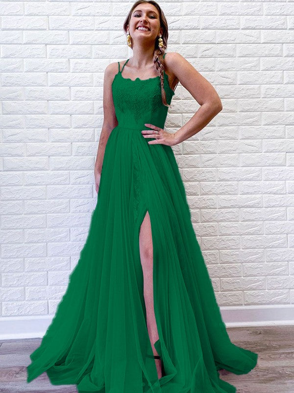 A-Line/Princess Tulle Lace Spaghetti Straps Sleeveless Sweep/Brush Train Prom Dress