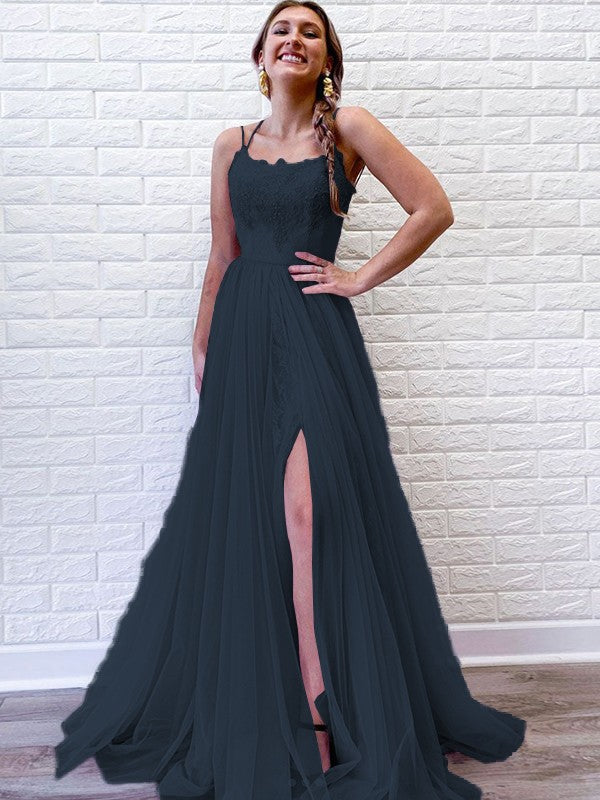 A-Line/Princess Tulle Lace Spaghetti Straps Sleeveless Sweep/Brush Train Prom Dress