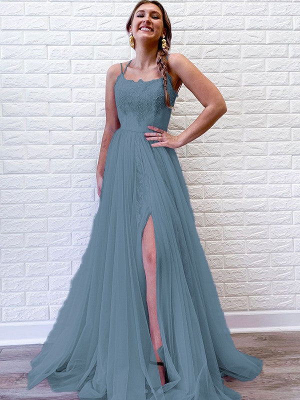 A-Line/Princess Tulle Lace Spaghetti Straps Sleeveless Sweep/Brush Train Prom Dress