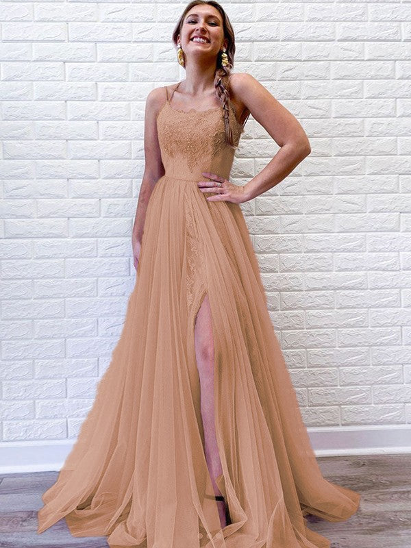 A-Line/Princess Tulle Lace Spaghetti Straps Sleeveless Sweep/Brush Train Prom Dress